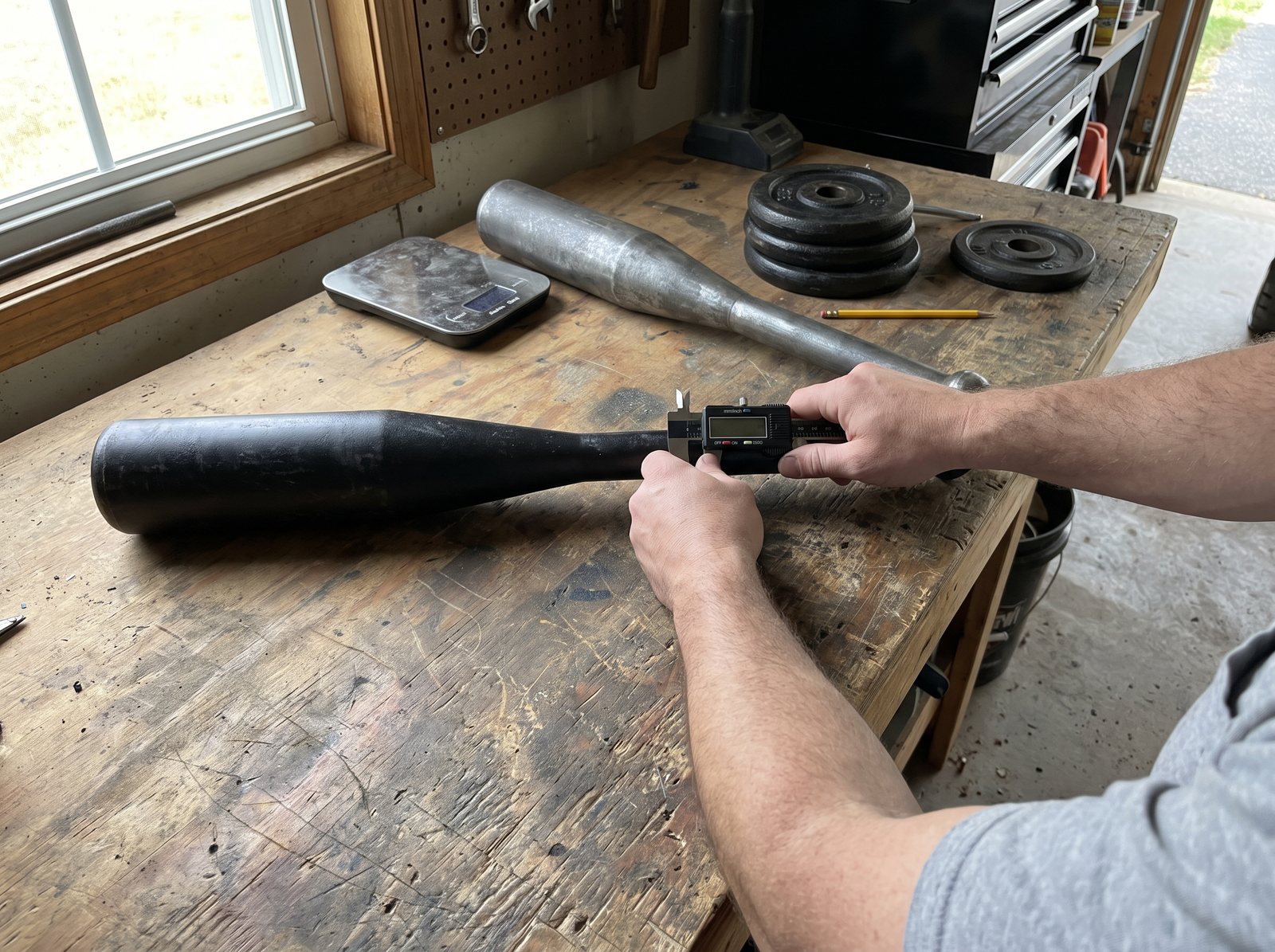 Two hands on a scarred wooden garage workbench measuring the handle of a black steel club with a digital caliper, a raw steel club and a stack of iron plates behind it
