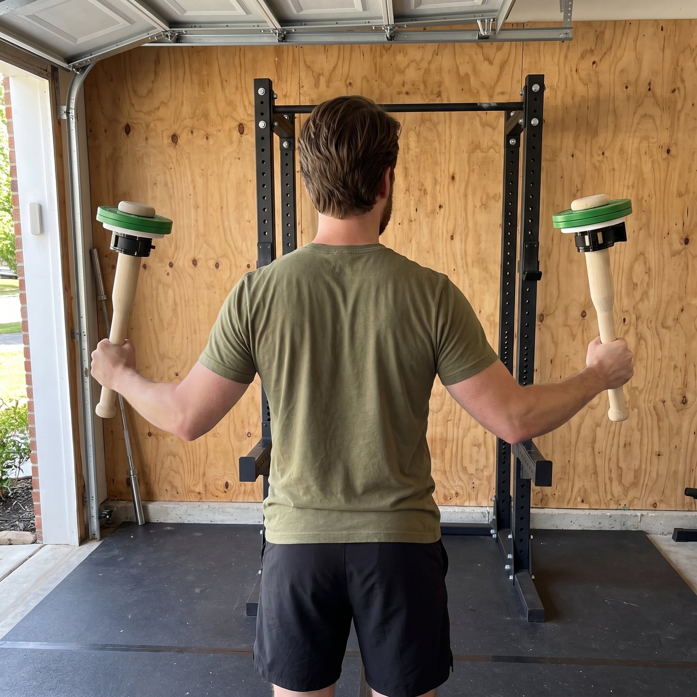 A man seen from behind in a garage gym holding a wooden plate-loaded club upright in each hand, arms out to the sides, green plates on the top ends