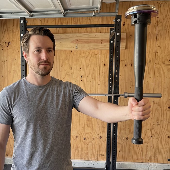 A man holding a black steel plate-loaded club upright at arm's length in a garage gym