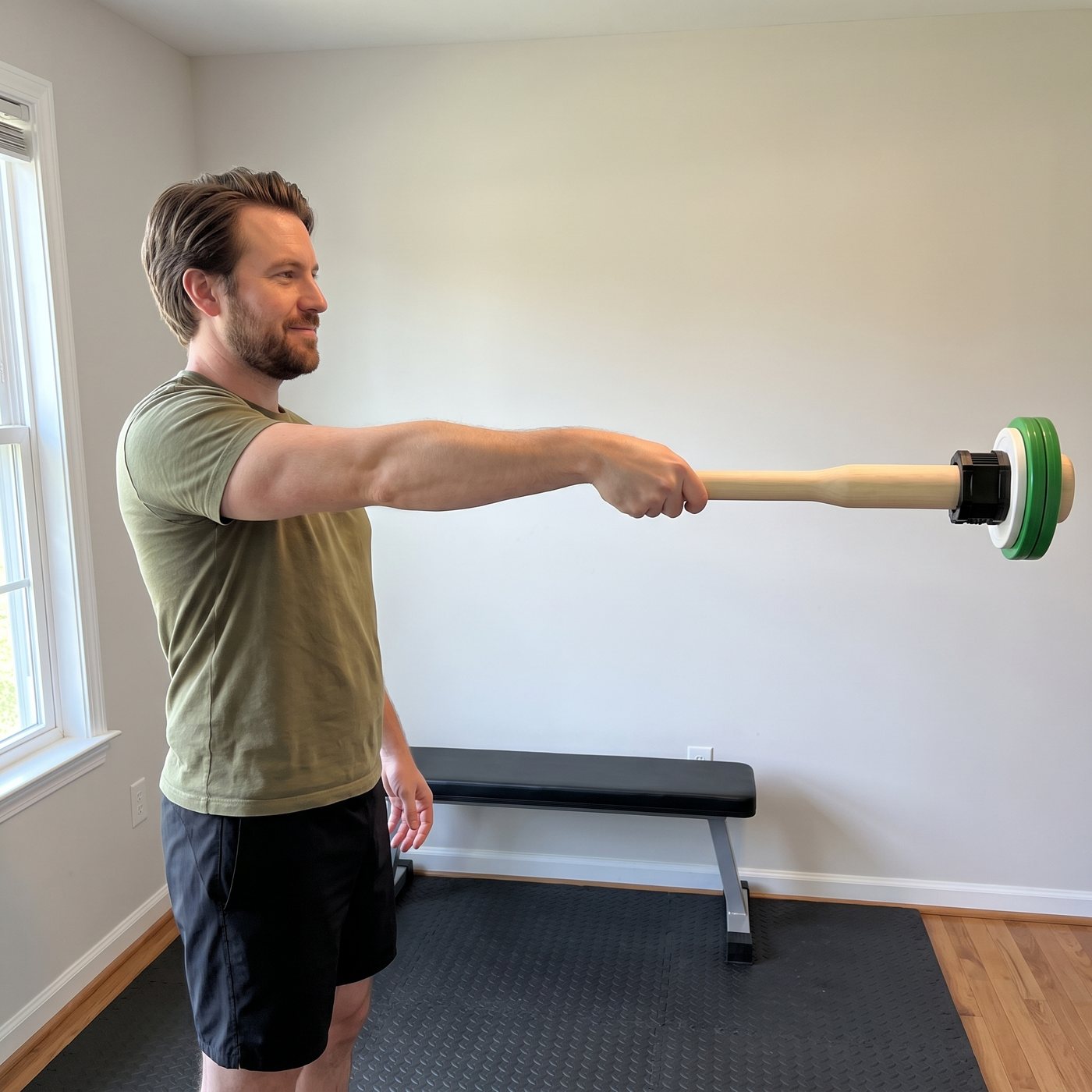 A man in an olive t-shirt in a spare-room home gym holding a wooden plate-loaded club straight out at shoulder height, green and white plates locked on the far end