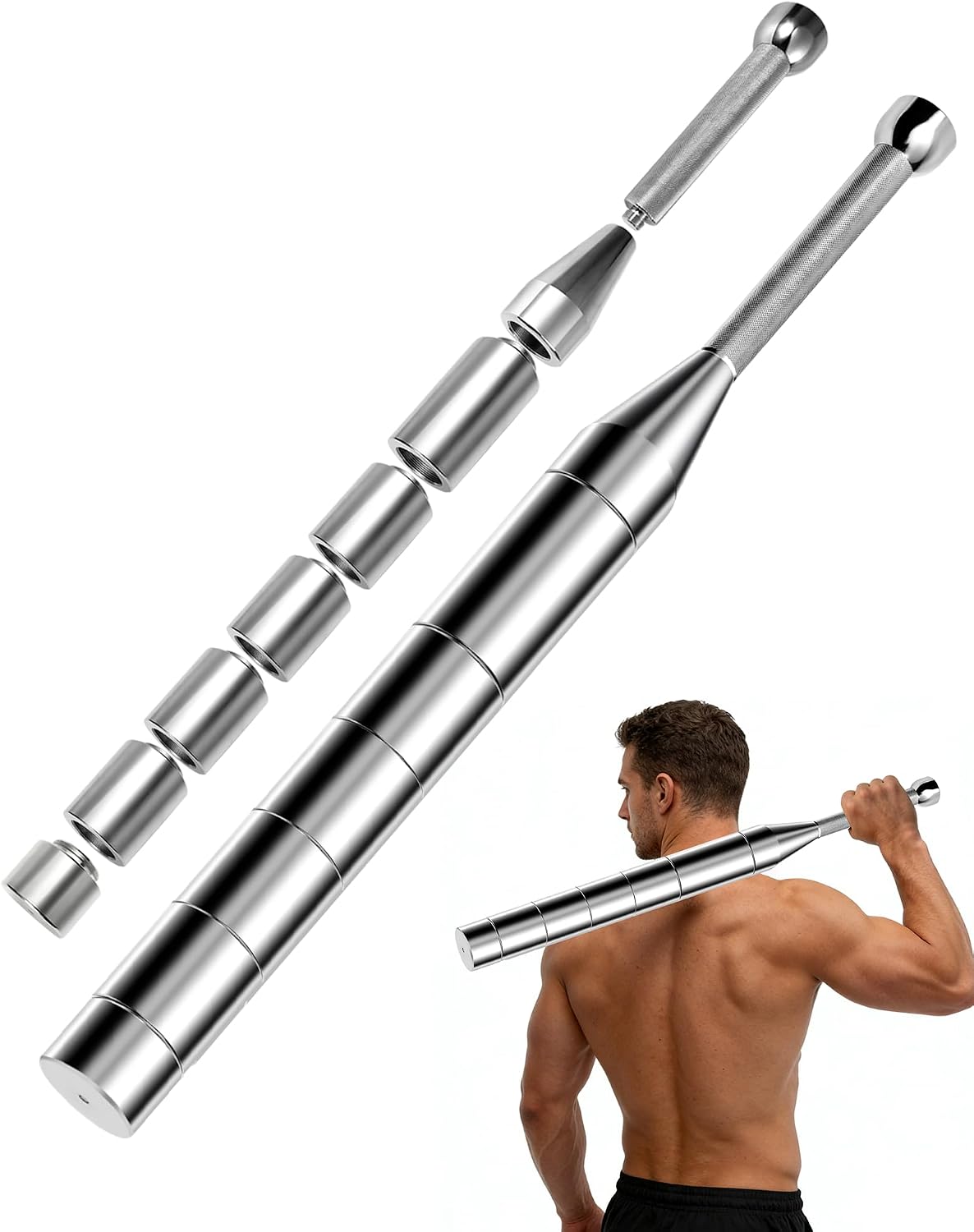 A silver adjustable steel club built from screw-together segments, beside a man swinging the same club behind his back
