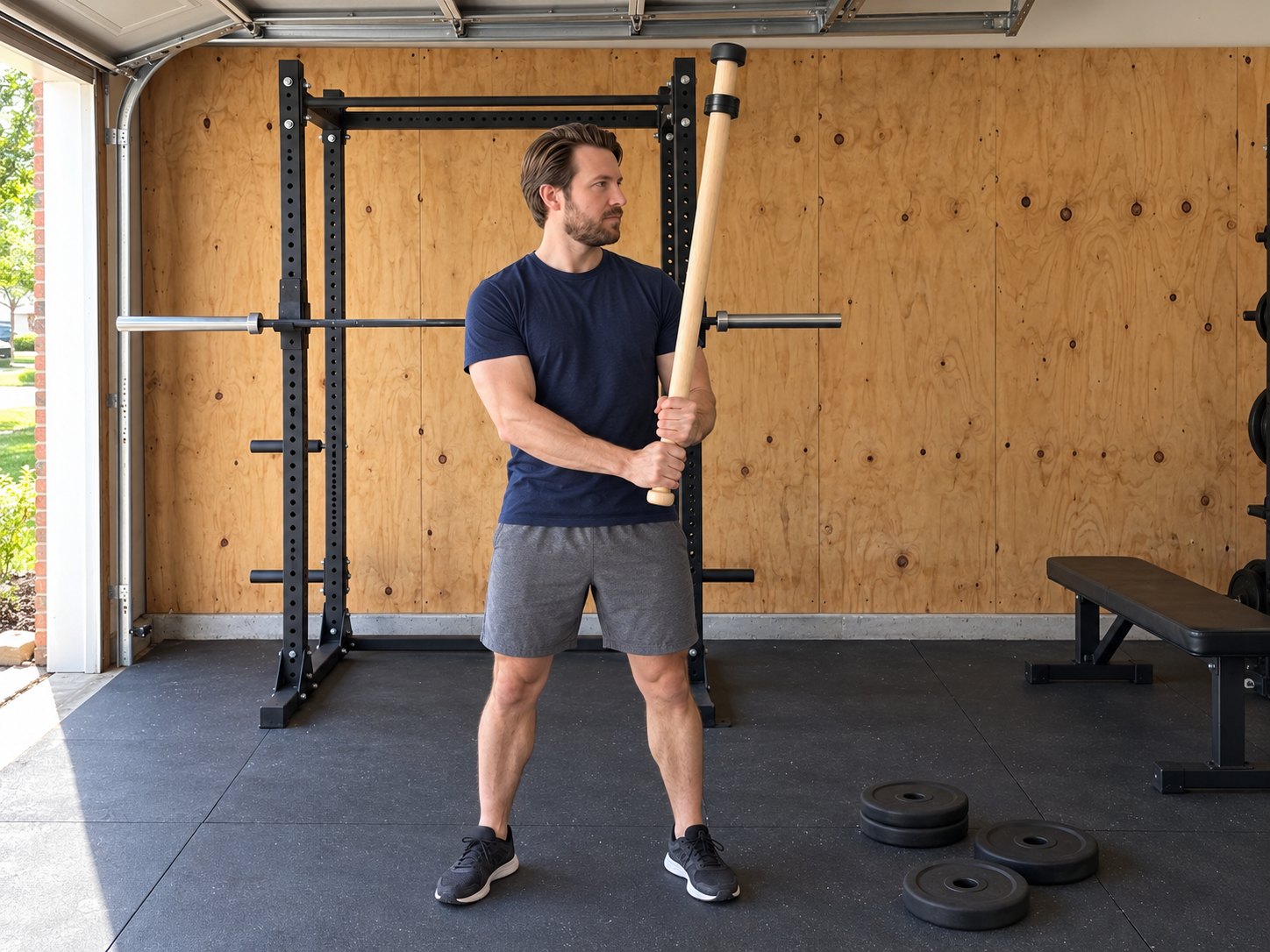 A man in a garage gym holding a bare pale wooden mace with no plates on it, the black collar at its top end, ready to start a swing