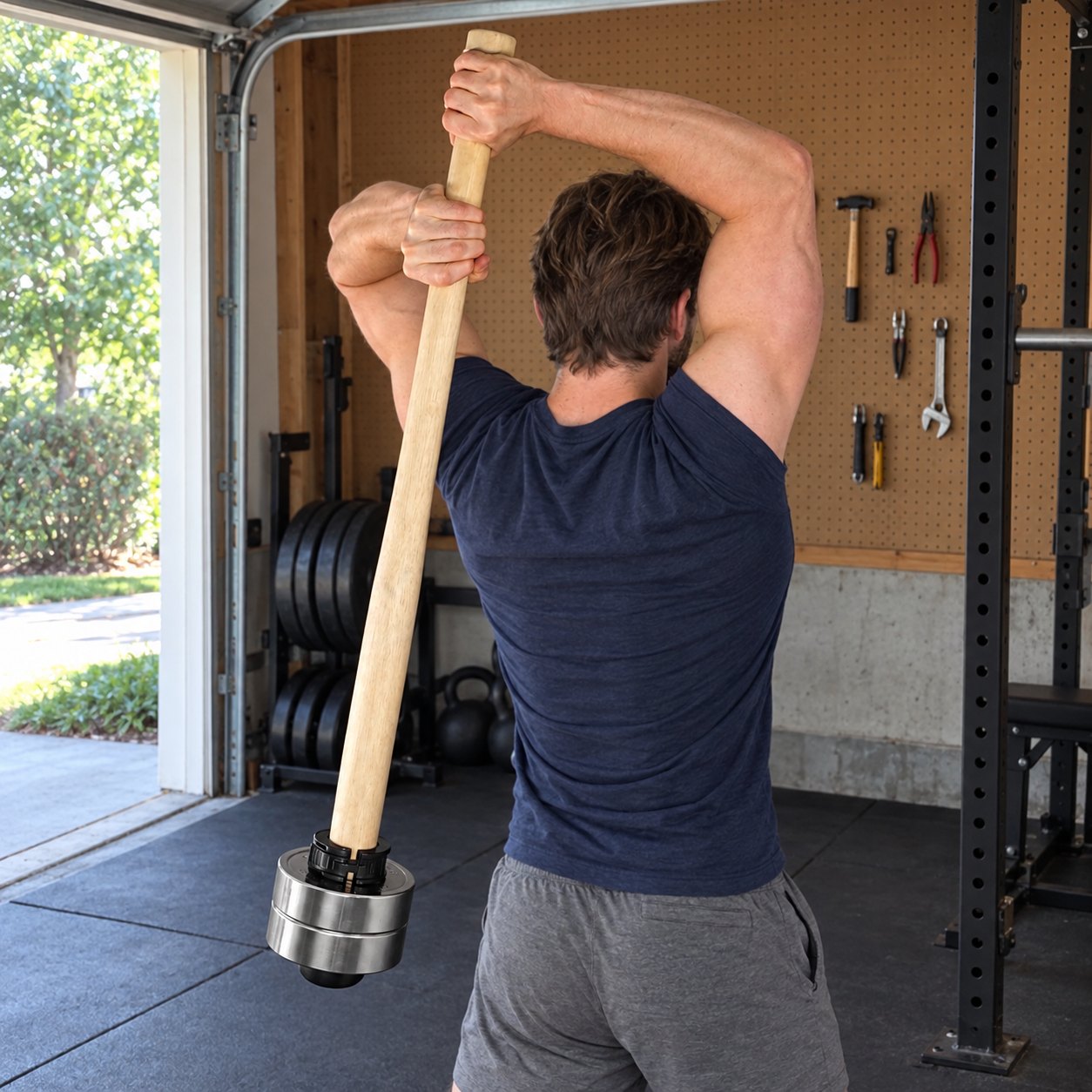 A man seen from behind in a garage gym holding a wooden mace behind his back with both elbows raised, the chrome plates hanging low behind him