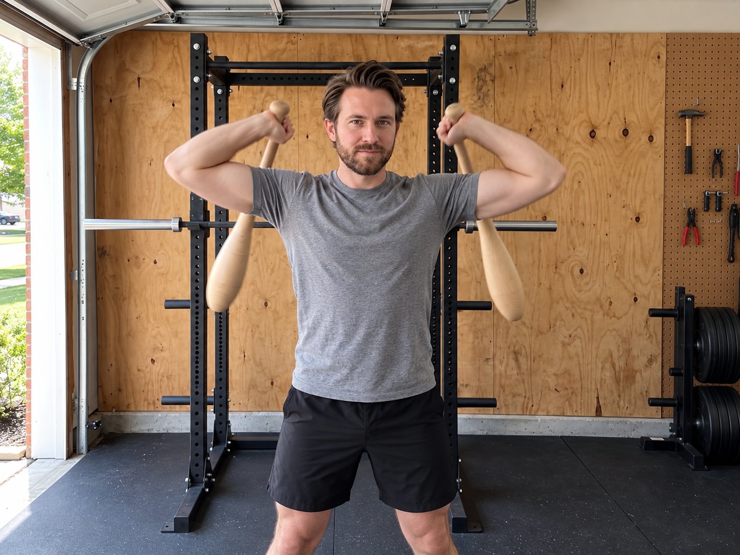 A man in a garage gym holding a pair of light wooden Indian clubs up beside his shoulders, elbows raised, mid swing