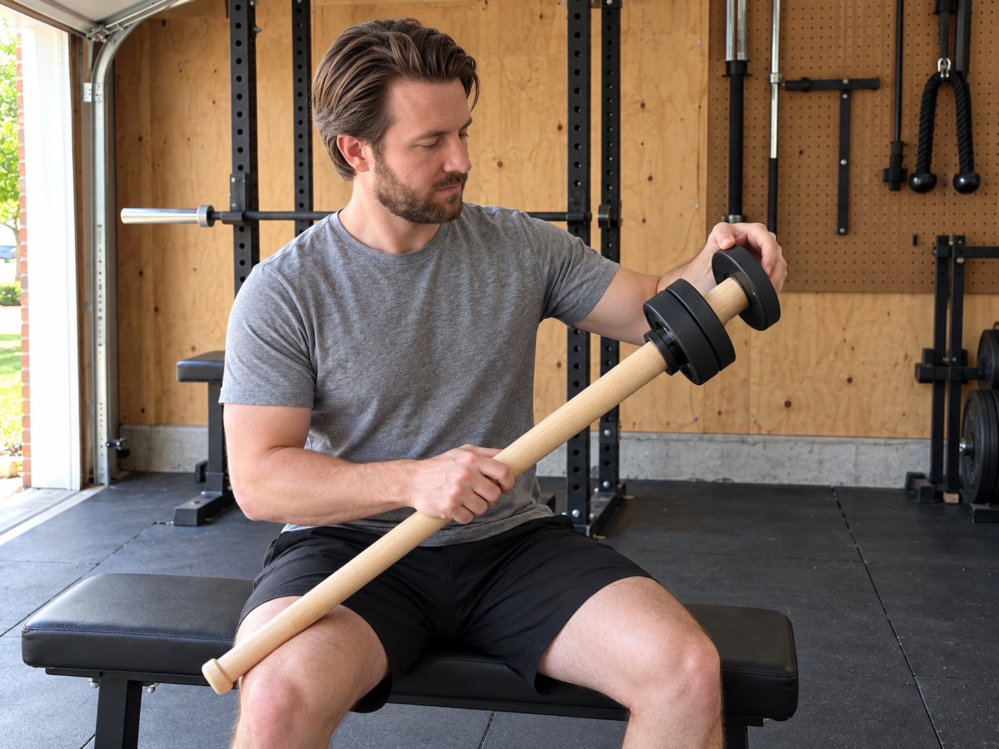 A man sitting on a garage gym bench sliding a small black plate onto the end of a pale wooden mace