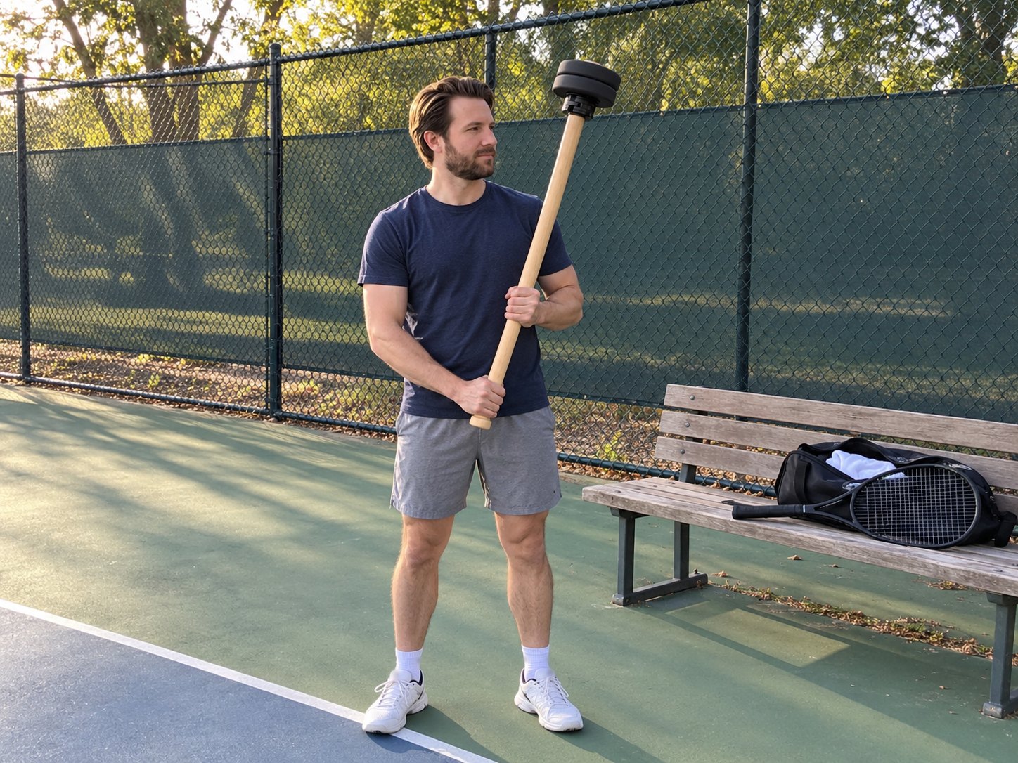 A man in a navy t-shirt standing beside a tennis court bench holding a long pale wooden mace upright, black weight plates at its top end, a tennis bag and racquet on the bench