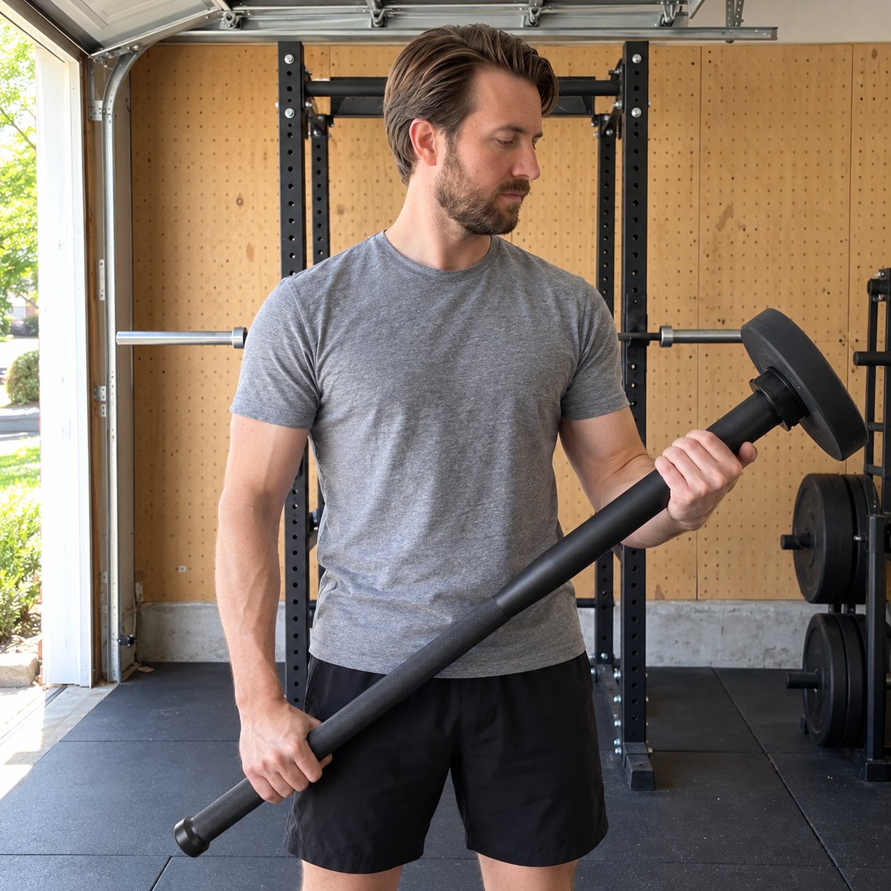 A man in a grey t-shirt in a garage gym holding a black steel mace across his body with both hands, one black plate on its end