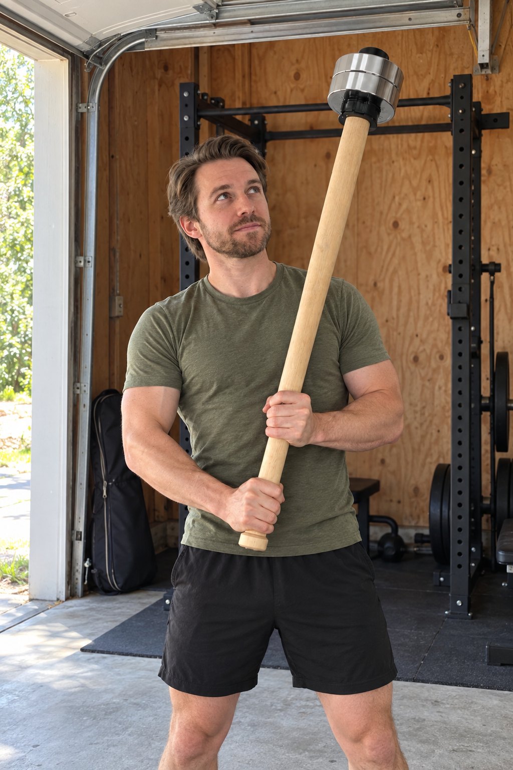 A man in an olive t-shirt in a garage gym holding a pale wooden mace upright across his body, chrome plates at the top end