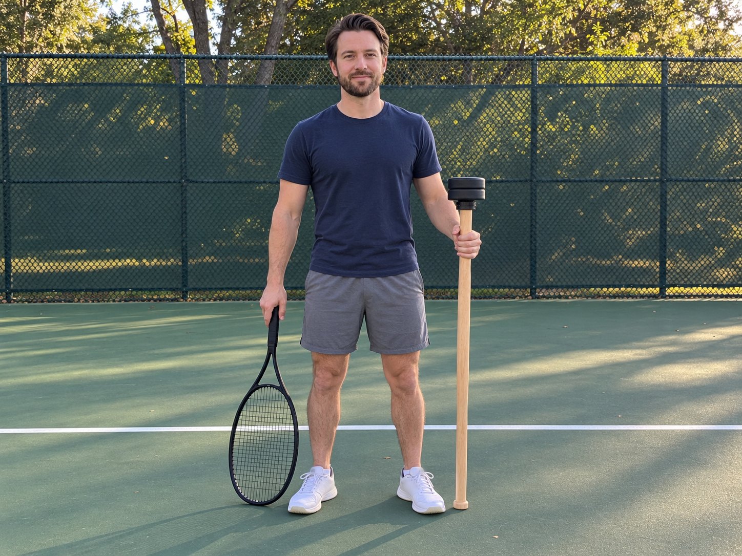 A man on a tennis court holding a tennis racquet in one hand and a longer pale wooden mace with black plates in the other, both standing upright on the court