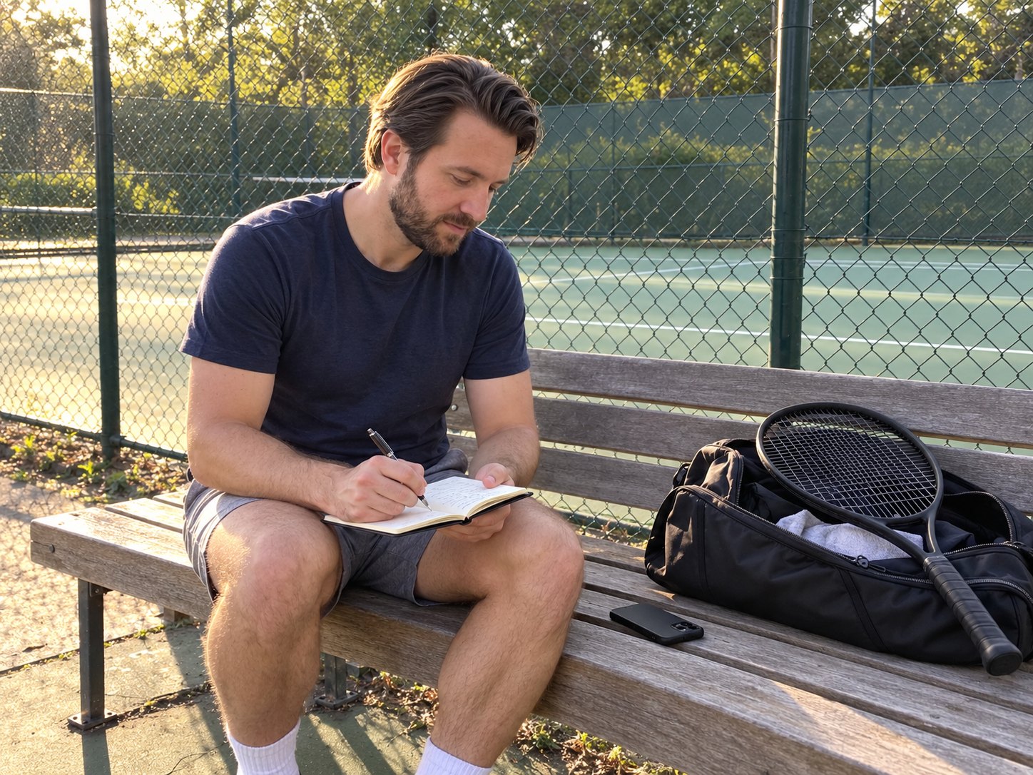 A man sitting on a tennis court bench writing in a notebook, his phone and a tennis bag beside him