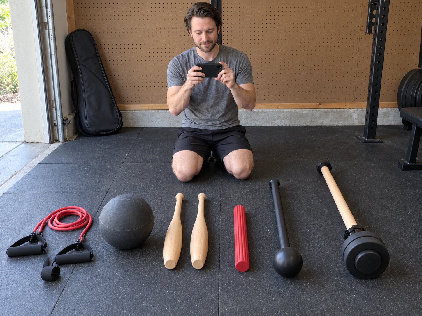 A man kneeling on a rubber garage floor behind a row of training tools, a resistance cord with handles, a medicine ball, two wooden clubs, a red flex bar, a steel mace and a wooden plate-loaded mace, photographing them with his phone