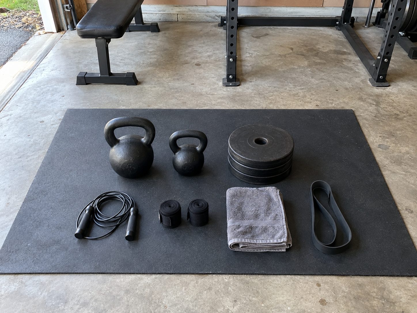 Kettlebells, a short stack of iron plates, a jump rope, hand wraps, a towel and a band laid out on a garage floor mat