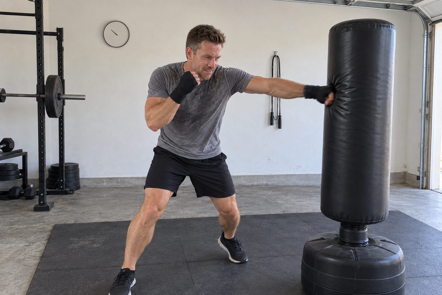 A man in hand wraps throwing a straight right into a free-standing heavy bag in a garage