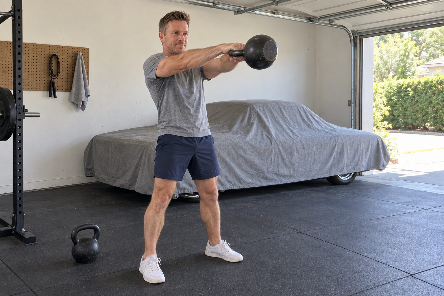 A man swinging a black kettlebell in a home garage gym, with an old car under a grey dust cover behind him