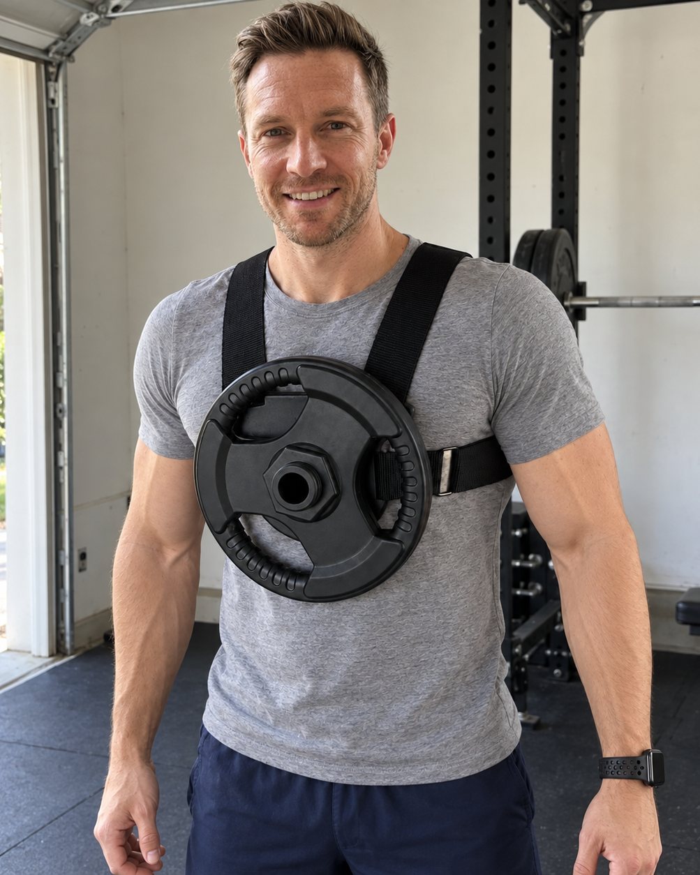 A man in a grey t-shirt wearing the EZ-VEST Lite strap vest with one black plate on his chest in a garage gym