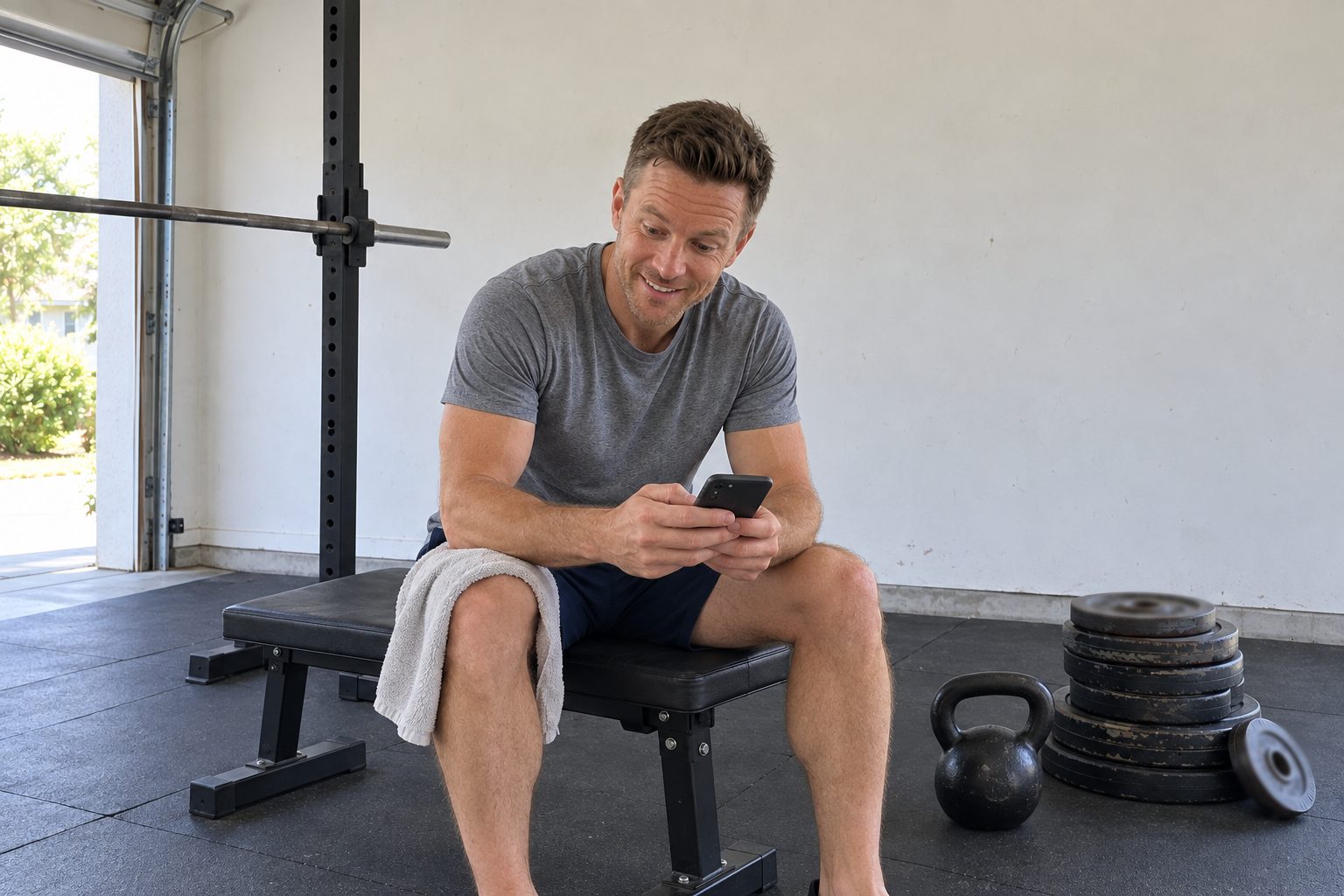 A man sitting on a weight bench in his garage gym, looking at his phone with raised eyebrows