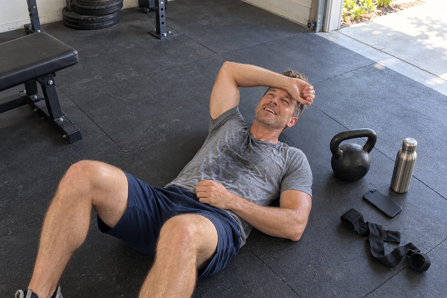 A sweaty man lying on a rubber floor mat in a garage after a workout, a kettlebell and water bottle beside him